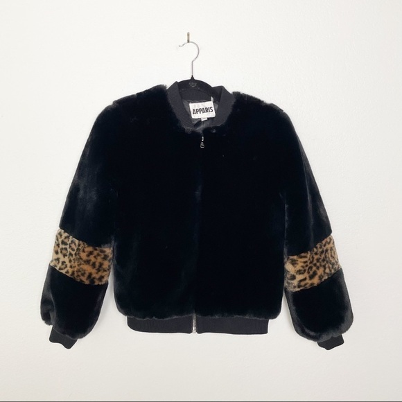 Apparis Jem Faux Fur Leopard Zip Bomber Jacket Black Brown Casual Winter Fall - Picture 2 of 5